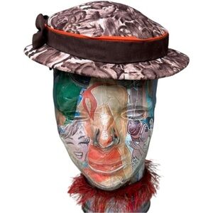 Vintage Cloche-Style Brown Printed Hat with Orange Ribbon and Bow, Medium Fit